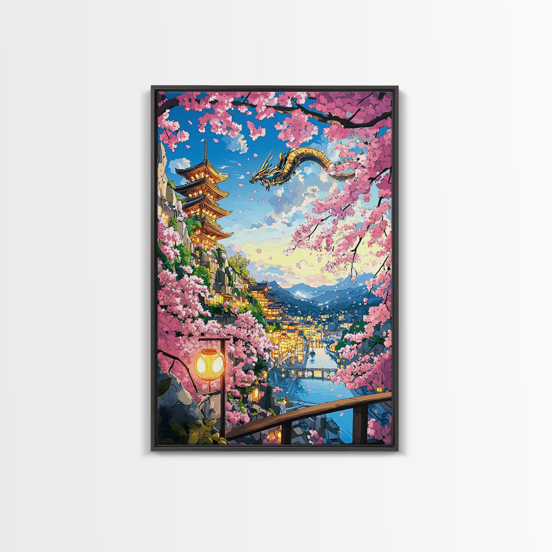 Flying Dragon Above Sakura Pagoda Framed Canvas Print, Japanese Fantasy Landscape Wall Art, Pink Cherry Blossom Decor Print