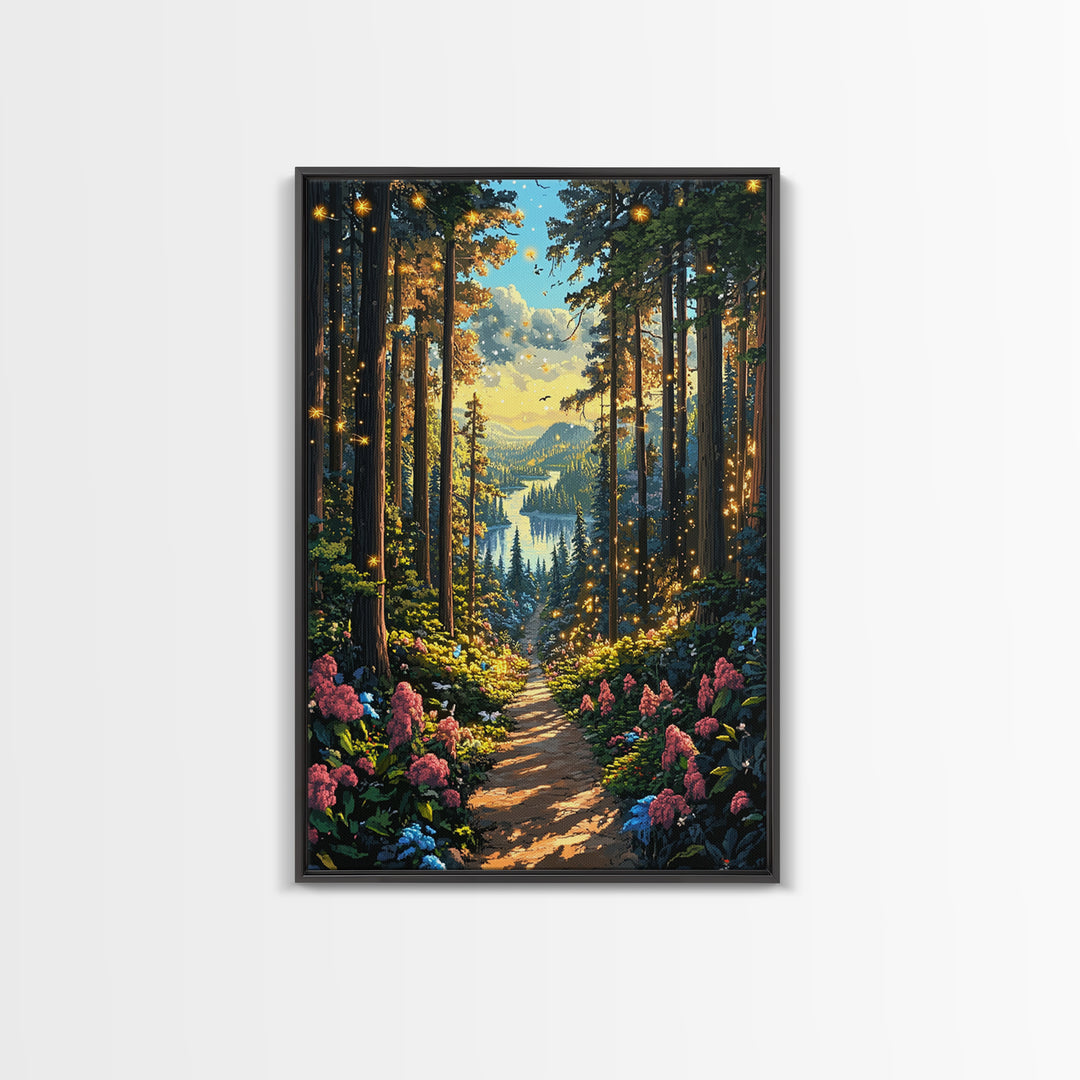 Enchanted Forest Path With Fireflies Wall Art, Mountain Lake Canvas Print, Whimsical Nature Landscape Home Decor Gift For Her