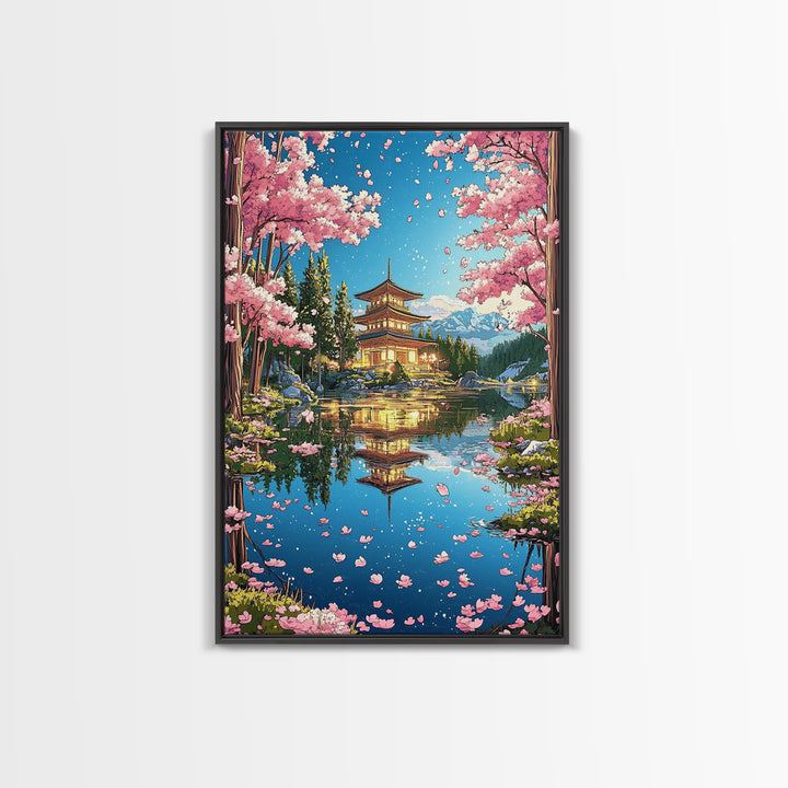 Cherry Blossom Pagoda Lake Reflection Wall Art, Japanese Landscape Canvas, Sakura Temple Decor, Serene Asian Home Decor Print