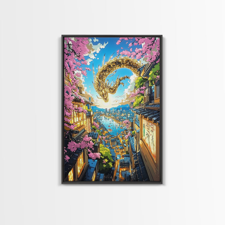 Golden Dragon Over Sakura Harbor Wall Art, Fantasy Japanese Cityscape Print, Cherry Blossom Decor For Asian Home Decor Gift