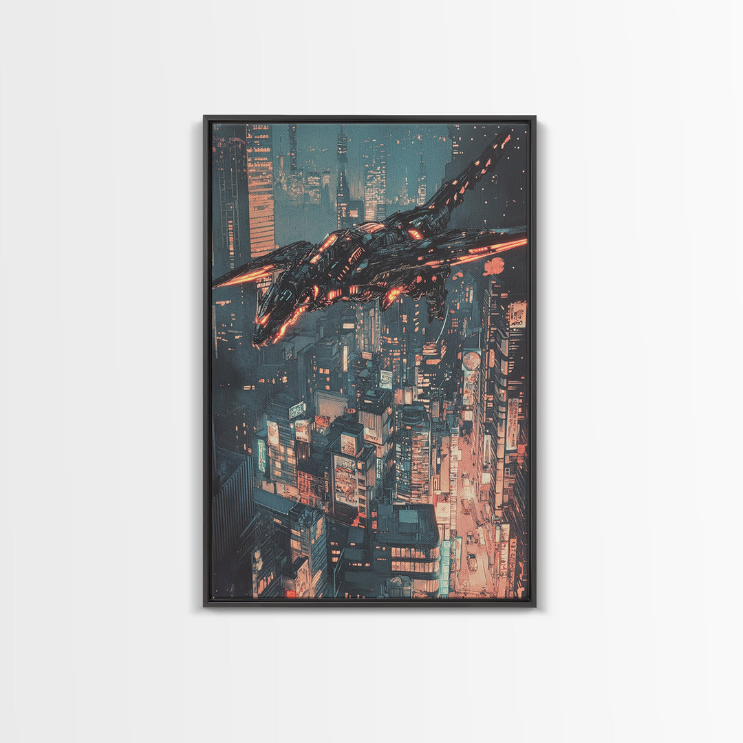 Cyberpunk Mechanical Dragon Over Neon City Wall Art, Futuristic Sci Fi Canvas, Dystopian Urban Decor For Gaming Room Poster