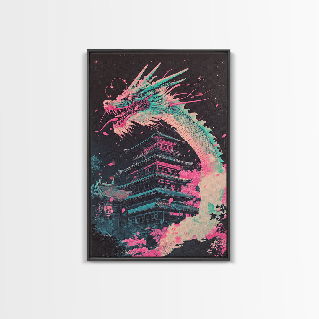 Neon Dragon Rising Over Midnight Pagoda Canvas Print, Japanese Cyberpunk Wall Art, Pink Sakura Fantasy Decor For Gaming Room
