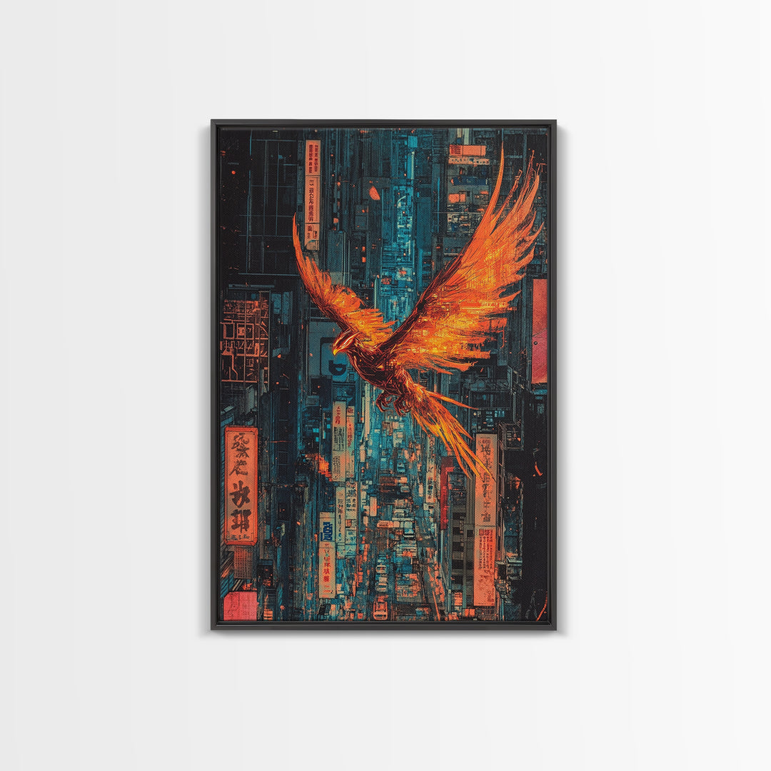 Fiery Phoenix Flying Through Neon Alley Wall Art, Cyberpunk City Canvas, Orange Bird Poster For Modern Office Decor Gift
