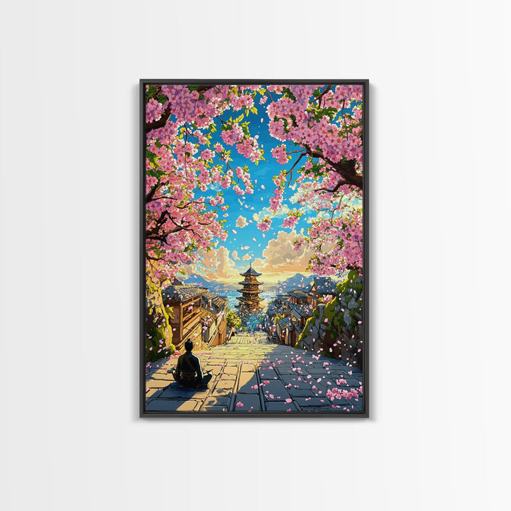 Cherry Blossom Steps To Ocean Pagoda Wall Art, Japanese Landscape Print, Coastal Home Decor, Tranquil Living Room Art, Gift For Her
