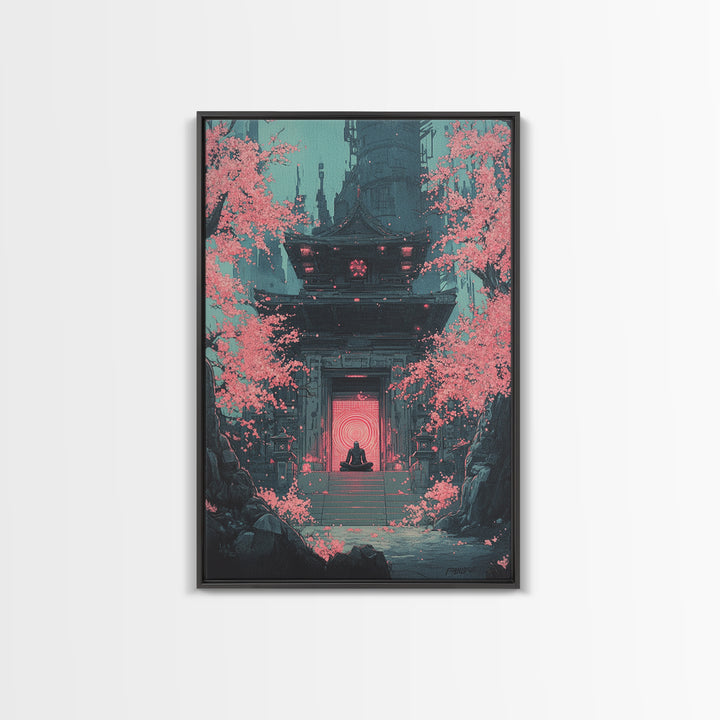 Neon Portal Temple With Pink Sakura Canvas Print, Cyberpunk Wall Art, Japanese Sci Fi Decor, Moody Office Wall Decor For Him