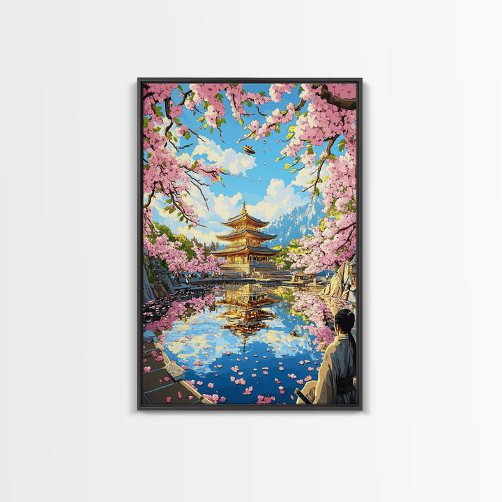 Golden Pagoda Reflected In Sakura Lake Framed Canvas Print, Japanese Wall Art, Mountain Landscape, Serene Zen Decor, Living Room Art
