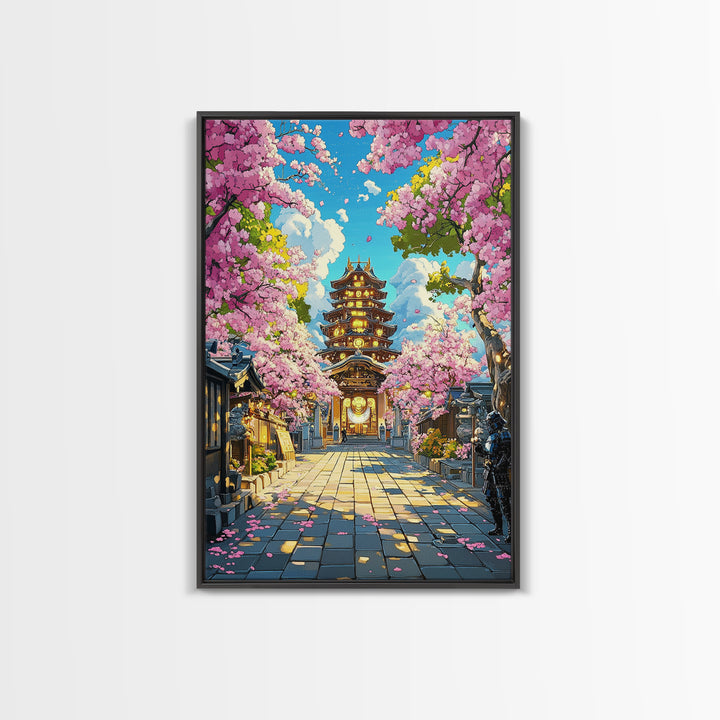 Illuminated Pagoda Under Pink Sakura Wall Art, Japanese Temple Print, Vibrant Spring Decor, Living Room Wall Decor, Gift For Her
