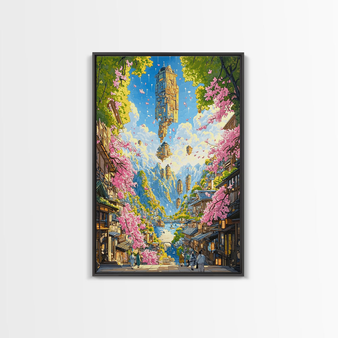 Floating Sky Tower Over Sakura Village Wall Art, Japanese Fantasy Landscape, Surreal Art Print, Statement Living Room Decor
