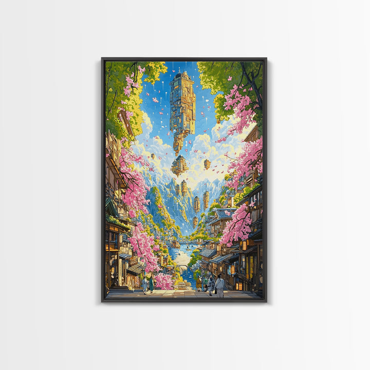 Floating Sky Tower Over Sakura Village Wall Art, Japanese Fantasy Landscape, Surreal Art Print, Statement Living Room Decor