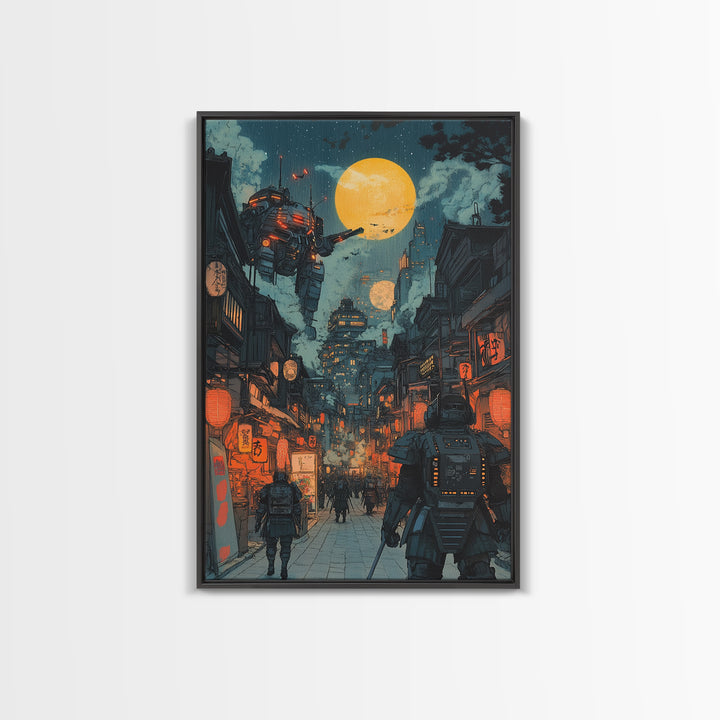 Mech Patrol In Neon Japanese Alley Canvas Print, Cyberpunk Wall Art, Sci Fi Cityscape Decor, Gaming Room Wall Decor For Him