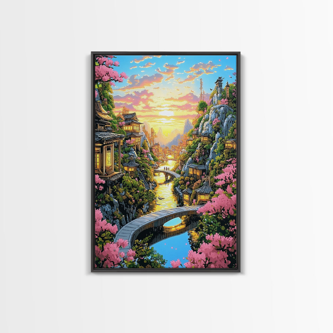 Sunset Canal Village With Sakura Framed Canvas Print, Japanese Landscape Wall Art, Romantic Coastal Home Decor, Gift For Her