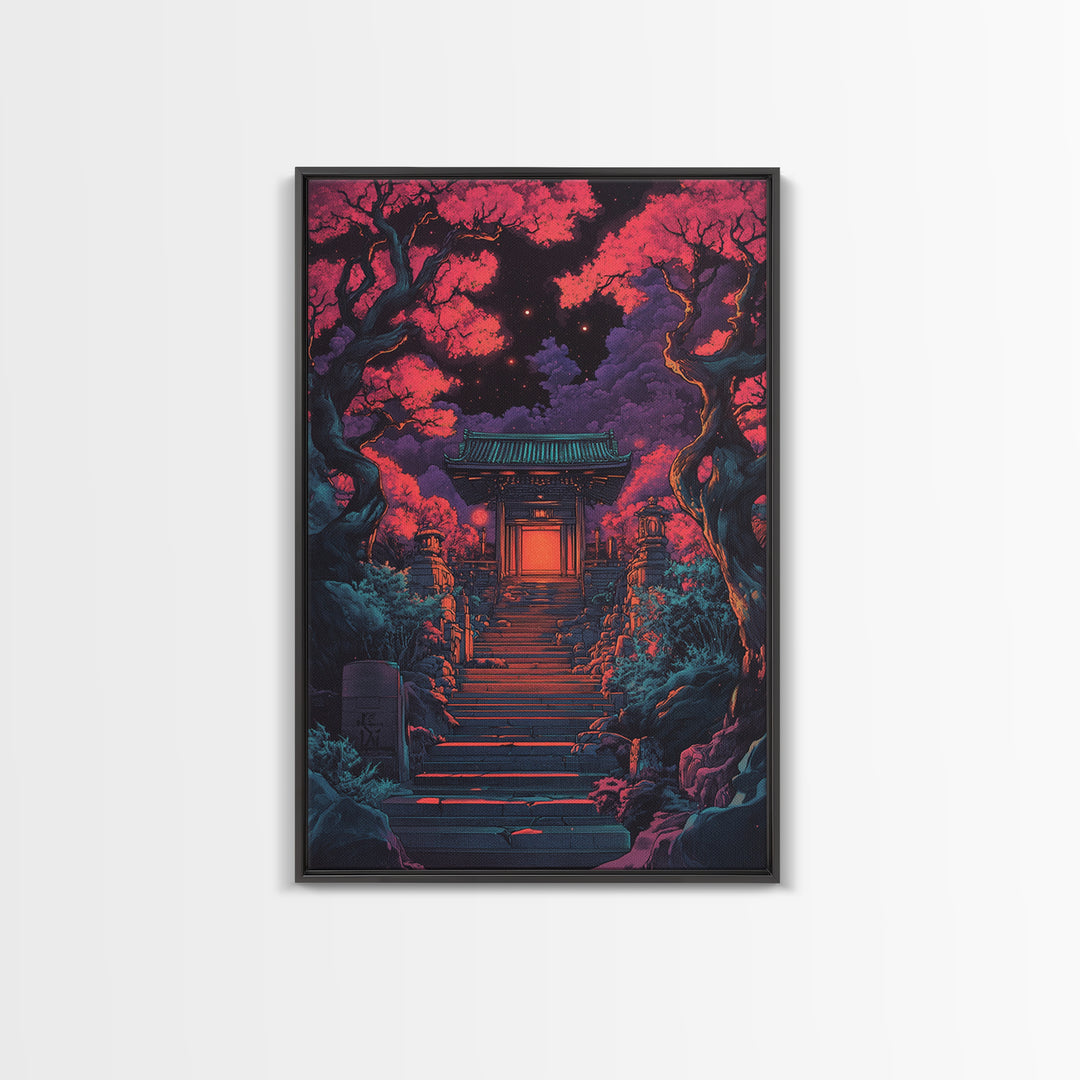 Moonlit Red Maple Shrine Stairway Wall Art, Dark Japanese Garden Print, Moody Gothic Decor For Bedroom And Living Room Gift