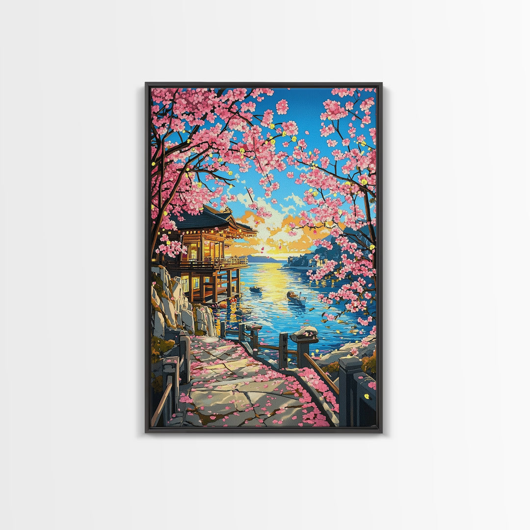 Sunset Seaside Temple With Cherry Blossoms Framed Canvas Print, Japanese Coastal Wall Art, Bright Zen Home Decor Gift For Her