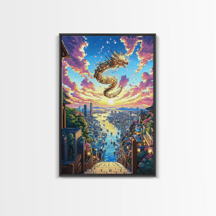 Golden Dragon City Sunset Canvas Print, Japanese Fantasy Wall Art, Vibrant Urban Landscape, Gamer Room Decor, Unique Gift