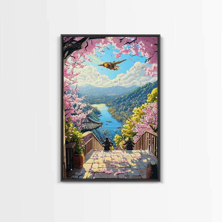 Airship Over Sakura Lake Wall Art, Fantasy Landscape Print, Japanese Mountain Decor, Whimsical Home Decor Gift For Her