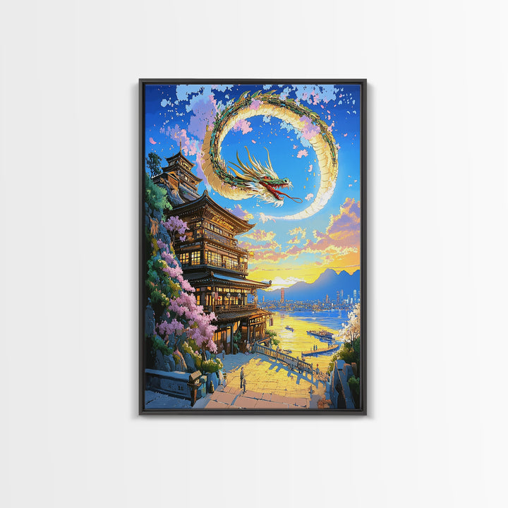 Crescent Dragon Seaside Temple Framed Canvas Print, Japanese Wall Art, Fantasy Coastal Decor, Statement Home Decor Gift
