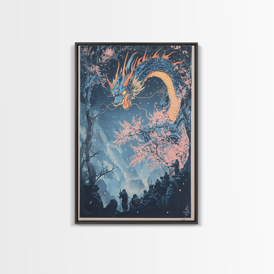 Blue Mountain Dragon Wall Art, Japanese Cherry Blossom Canvas Print, Ukiyo E Fantasy Decor, Asian Inspired Living Room Art Print