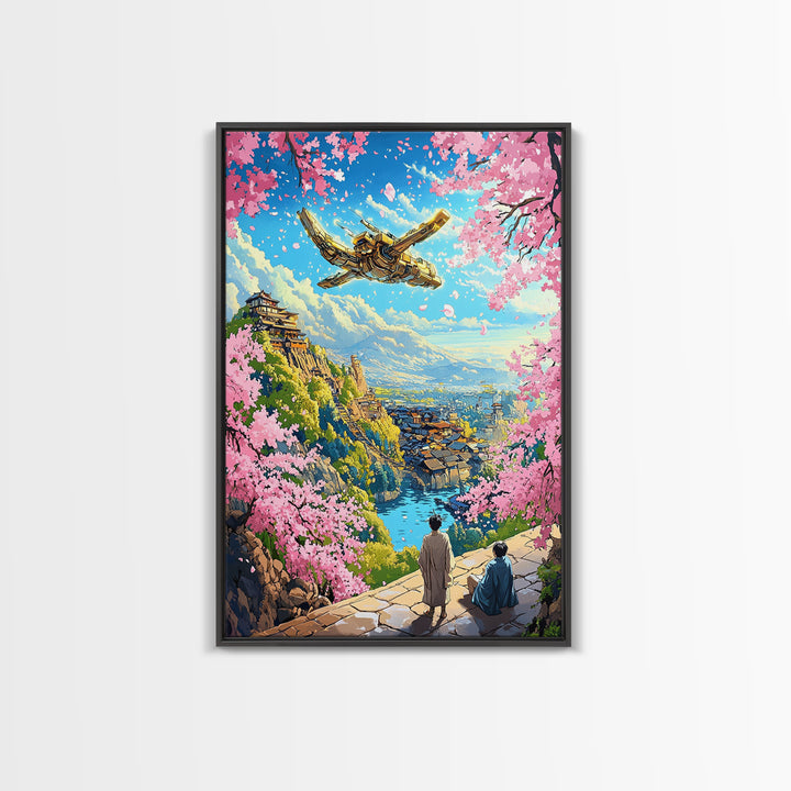 Flying Golden Airship Wall Art, Anime Sakura City Canvas Print, Japanese Fantasy Landscape Decor, Living Room Art Gift For Him
