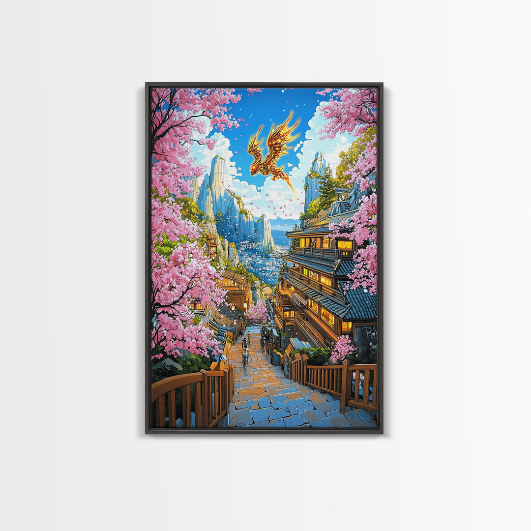 Golden Dragon Mountain Village Wall Art, Japanese Sakura Canvas Print, Anime Fantasy Landscape Decor, Colorful Living Room Art