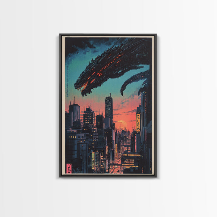 Cyberpunk Dragon City Wall Art, Neon Futuristic Skyline Canvas Print, Japanese Sci Fi Decor, Gaming Room Wall Art Gift For Him
