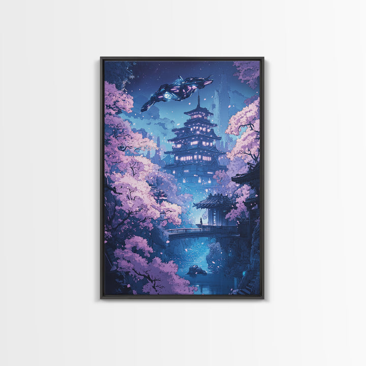Futuristic Sakura Pagoda Wall Art, Purple Cherry Blossom Canvas Print, Sci Fi Japanese Landscape Decor, Bedroom Wall Art Gift For Her