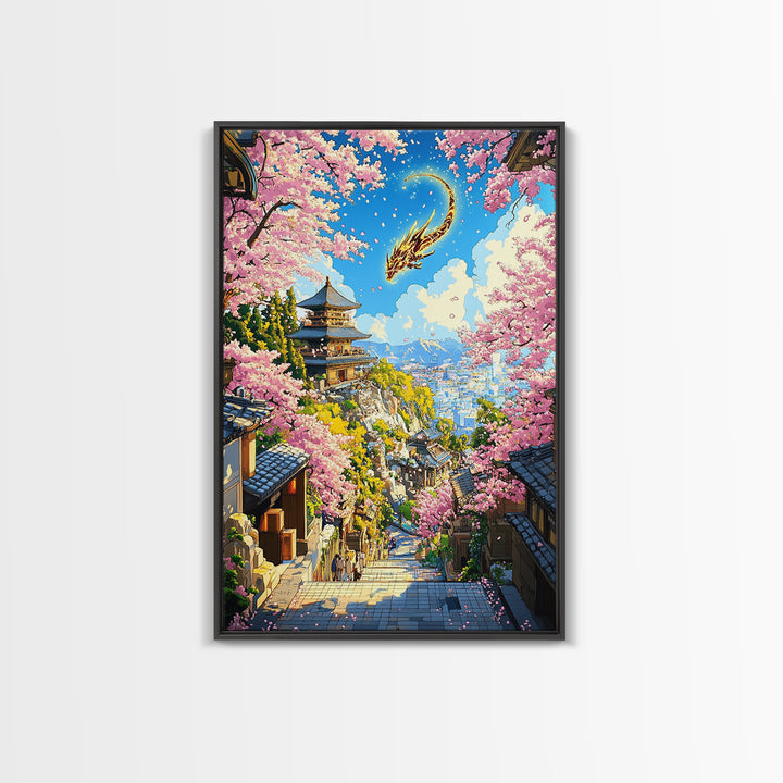 Golden Dragon Over Kyoto Pagoda Wall Art, Japanese Cherry Blossom Fantasy, Anime Landscape, Asian Home Decor, Living Room Art