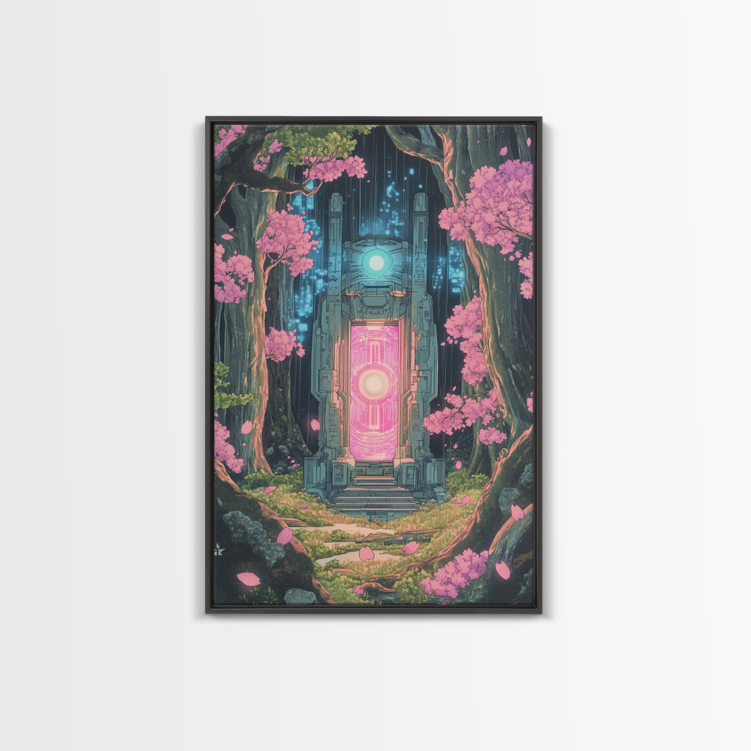 Neon Portal In Cherry Forest Framed Canvas Print, Cyberpunk Fantasy Wall Decor, Sci Fi Art, Modern Japanese Wall Art, Gaming Room Decor