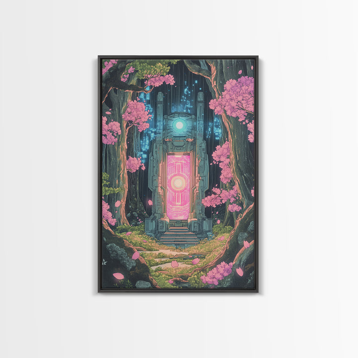 Neon Portal In Cherry Forest Framed Canvas Print, Cyberpunk Fantasy Wall Decor, Sci Fi Art, Modern Japanese Wall Art, Gaming Room Decor
