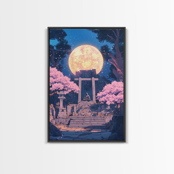 Glowing Moon Shrine With Meditating Monk Canvas Print, Japanese Wall Art, Cherry Blossom Decor, Zen Fantasy Living Room Art