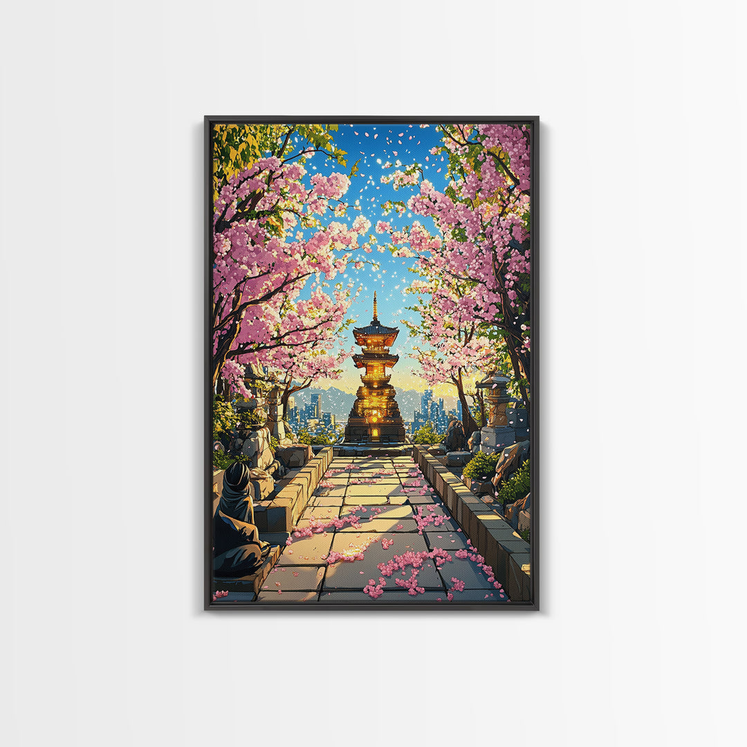 Cherry Blossom Pagoda Path Wall Art, Japanese Temple Landscape, Anime City Skyline, Spring Decor, Large Framed Canvas Print