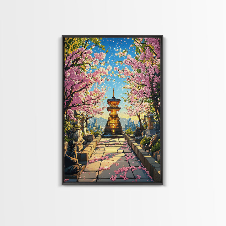 Cherry Blossom Pagoda Path Wall Art, Japanese Temple Landscape, Anime City Skyline, Spring Decor, Large Framed Canvas Print