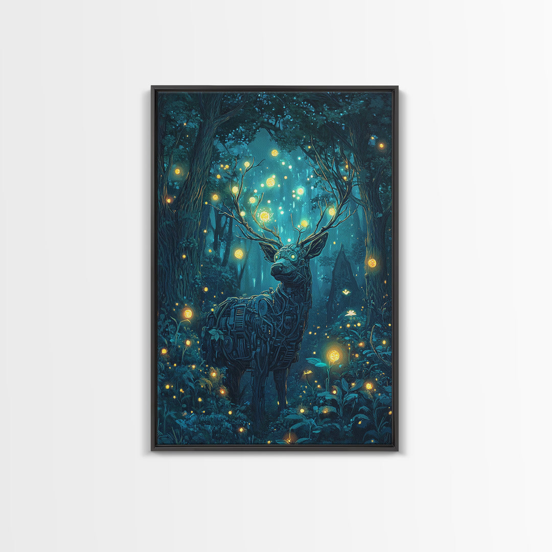 Mechanical Deer In Enchanted Forest Wall Art, Glowing Firefly Fantasy, Cyberpunk Animal Art, Whimsical Nature Canvas Print