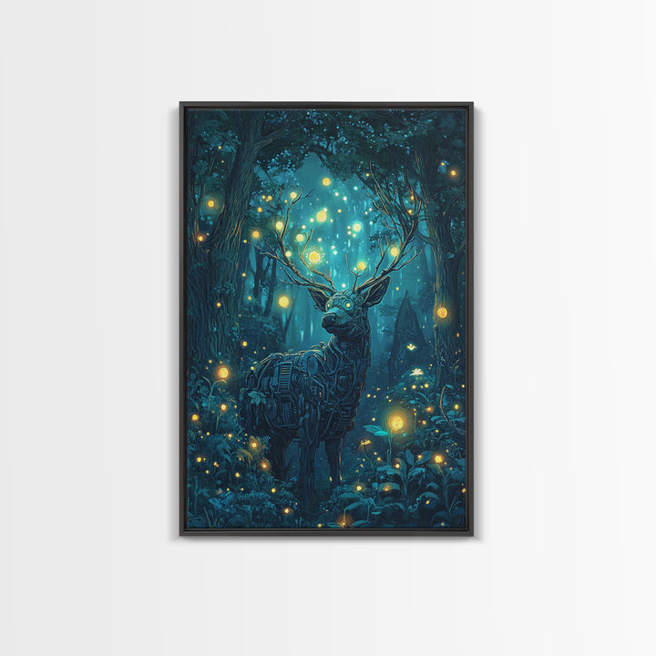Mechanical Deer In Enchanted Forest Wall Art, Glowing Firefly Fantasy, Cyberpunk Animal Art, Whimsical Nature Canvas Print