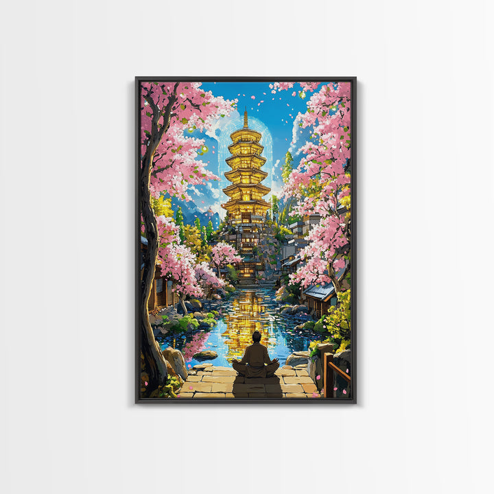 Golden Pagoda Reflecting On Canal Framed Canvas Print, Japanese Cherry Blossom Wall Art, Zen Landscape, Asian Home Decor