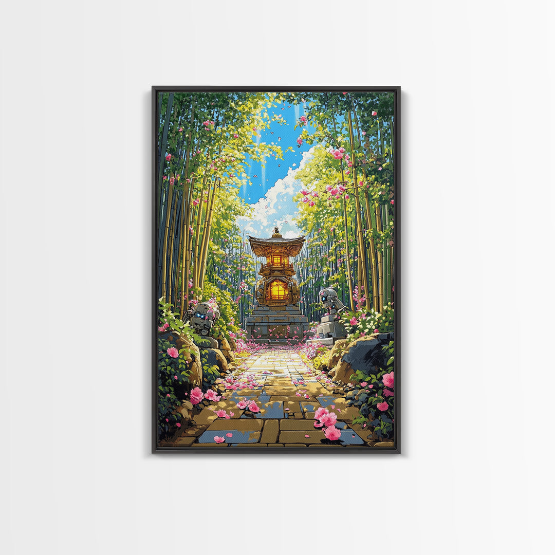 Sunlit Bamboo Garden Shrine Wall Art, Japanese Lantern Path, Pink Flower Decor, Zen Nature Art, Large Framed Canvas Print
