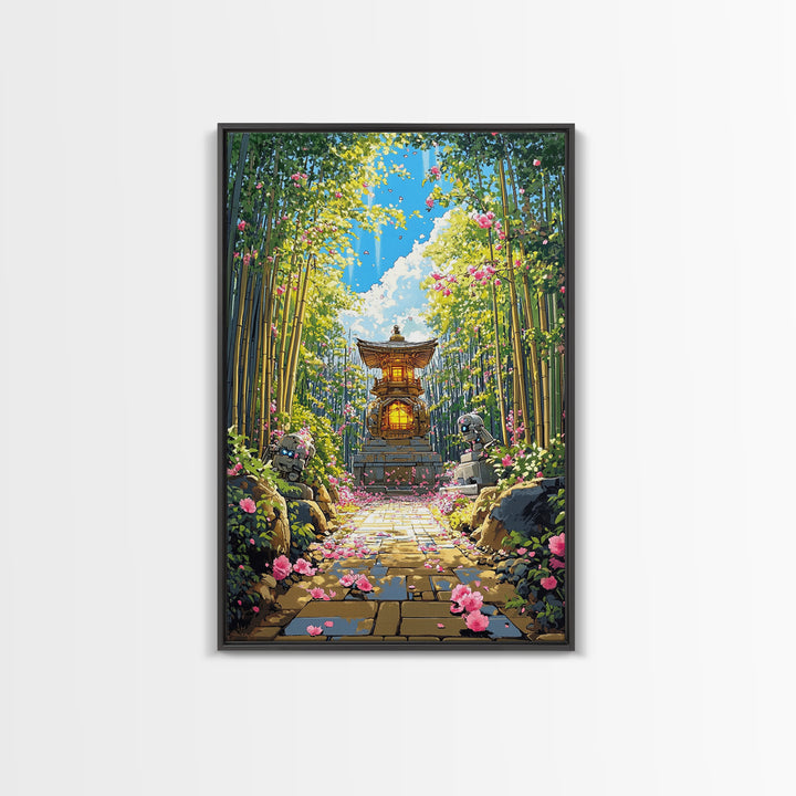 Sunlit Bamboo Garden Shrine Wall Art, Japanese Lantern Path, Pink Flower Decor, Zen Nature Art, Large Framed Canvas Print