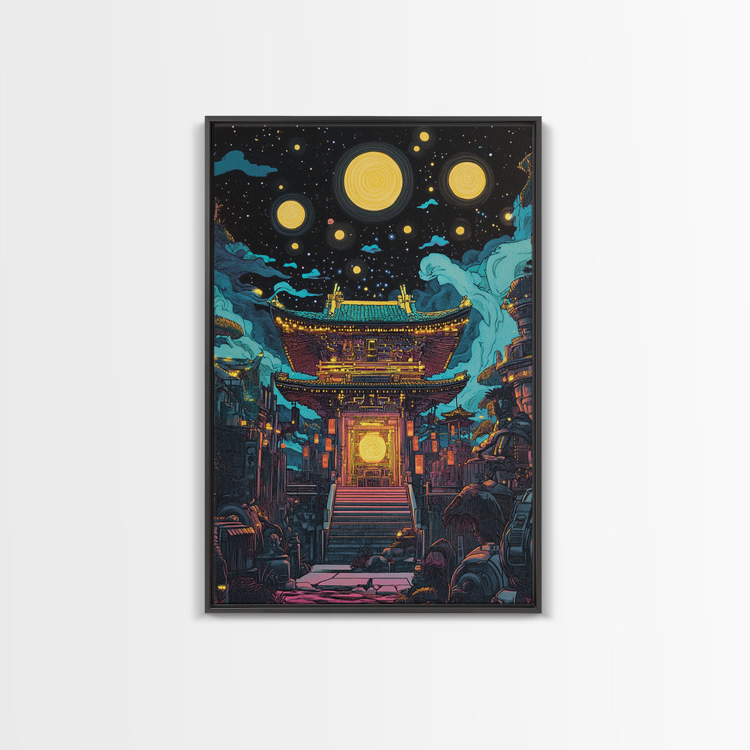 Starry Night Japanese Temple Wall Art, Glowing Moon Sci Fi Fantasy, Asian Cyberpunk Decor, Dark Academia Canvas Print, Home Decor