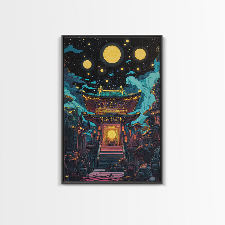 Starry Night Japanese Temple Wall Art, Glowing Moon Sci Fi Fantasy, Asian Cyberpunk Decor, Dark Academia Canvas Print, Home Decor