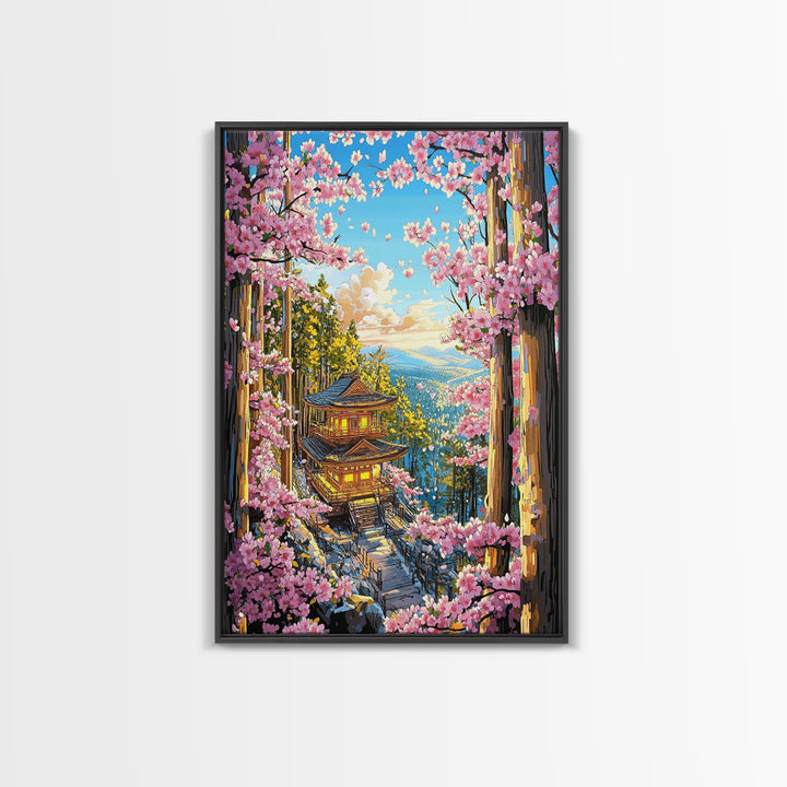 Cherry Blossom Pagoda Forest Wall Art, Japanese Landscape Canvas, Sakura Temple Print, Japandi Home Decor Gift For Living Room