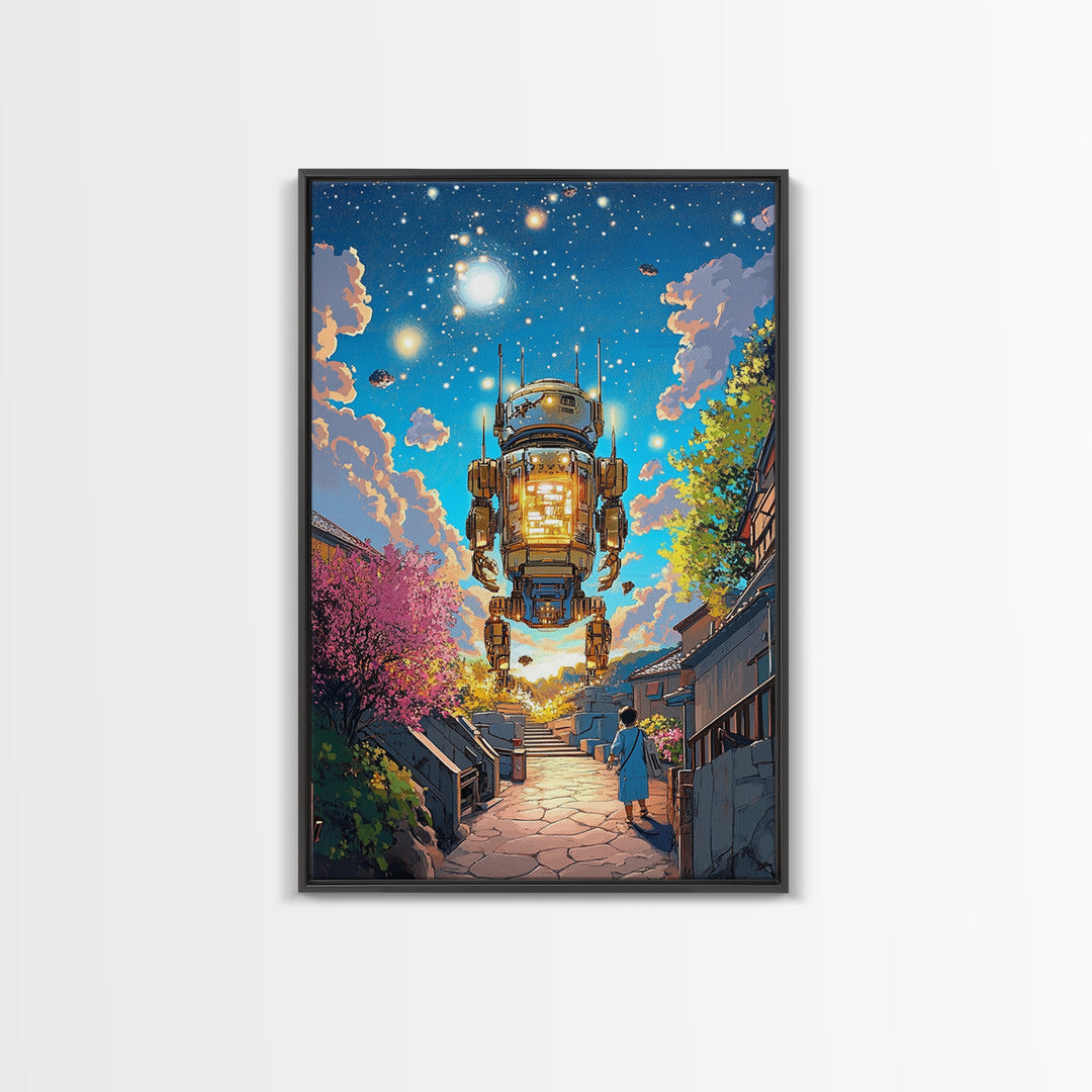 Floating Lantern Robot Wall Art, Futuristic Japanese Street Canvas Print, Cyberpunk Sakura Village Sci Fi Home Decor Gift