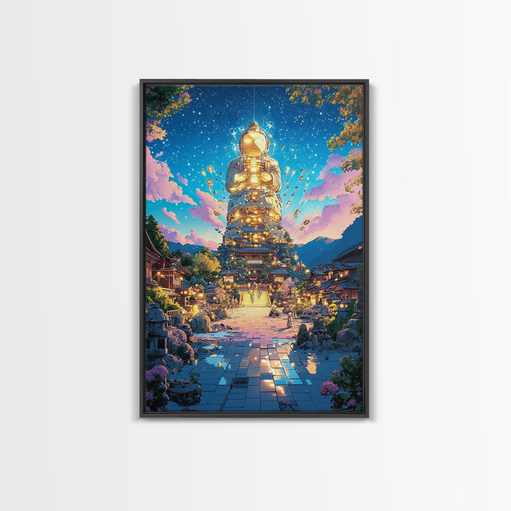 Golden Futuristic Buddha Temple Wall Art, Cyberpunk Japanese Village Canvas Print, Spiritual Sci Fi Decor For Meditation Room
