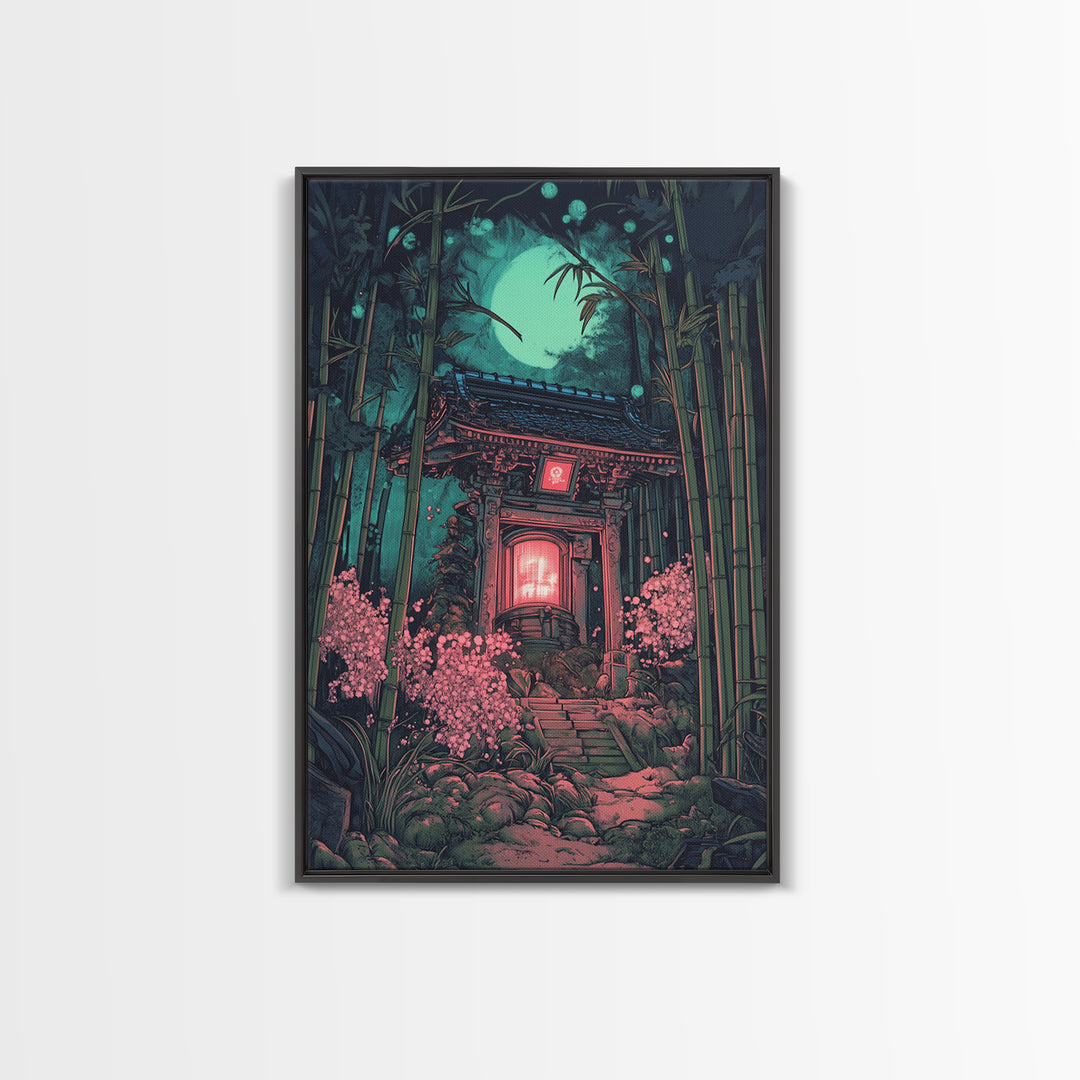 Moonlit Bamboo Shrine Wall Art, Japanese Moon Garden Canvas Print, Dark Botanical Japandi Decor, Pink Floral Temple Scene