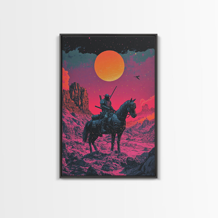 Samurai Horseback Desert Wall Art, Orange Sun Western Japanese Canvas Print, Retro Futuristic Warrior Decor Gift For Man Cave