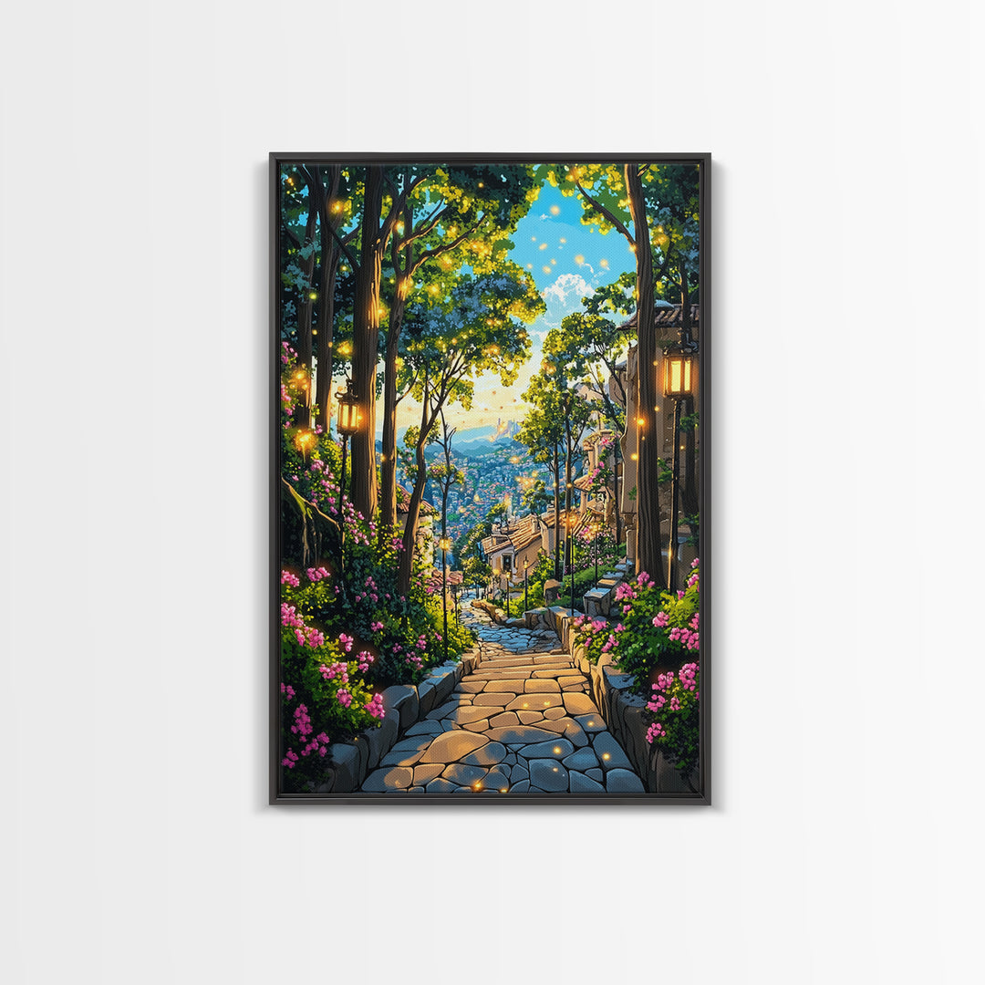 Glowing Forest Stairway Wall Art, Lantern Garden Path Canvas Print, Whimsical Coastal Village Decor For Living Room Gift