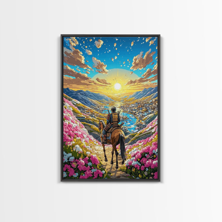 Horseback Warrior Valley Wall Art, Sunrise Mountain Landscape Canvas Print, Pink Flower Meadow Japanese Decor Gift For Home