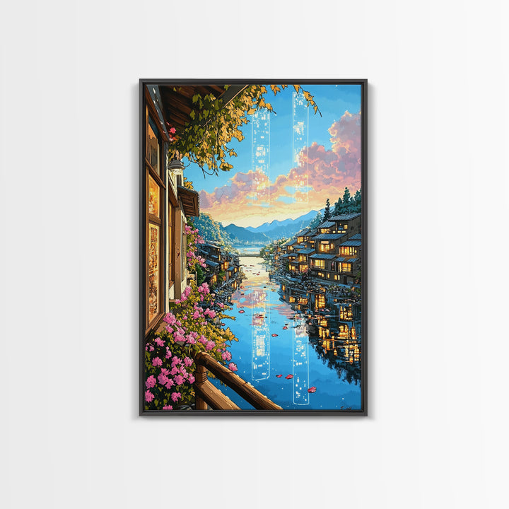Glowing Canal Village Framed Canvas Print, Japanese Landscape Wall Art, Cherry Blossom Decor, Fantasy Travel Poster Gift