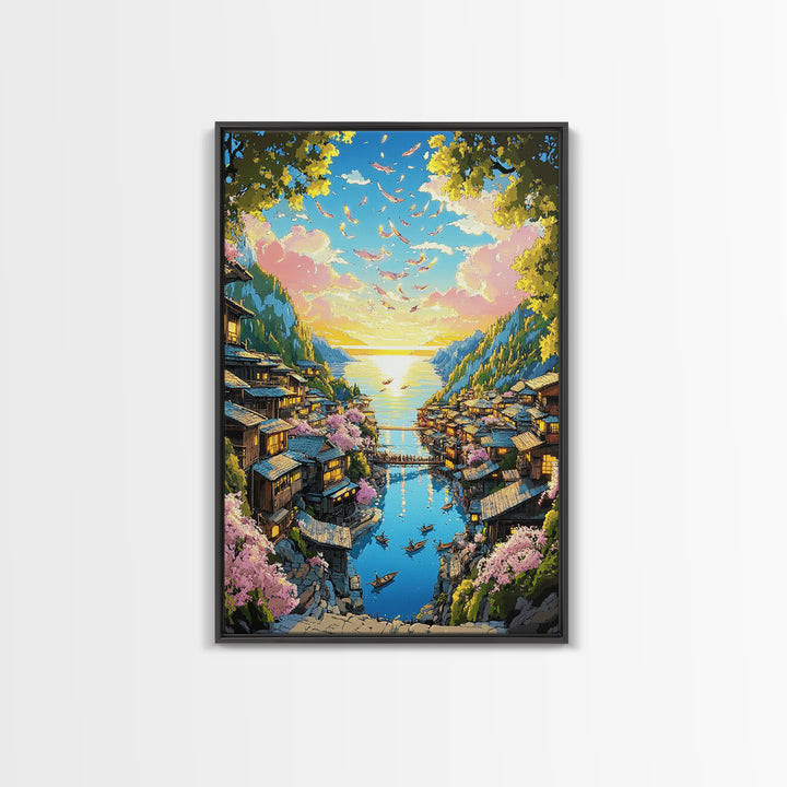 Cherry Blossom Coastal Village Canvas Print, Japanese Seascape Wall Art, Pink Floral Decor, Peaceful Travel Poster Gift Idea