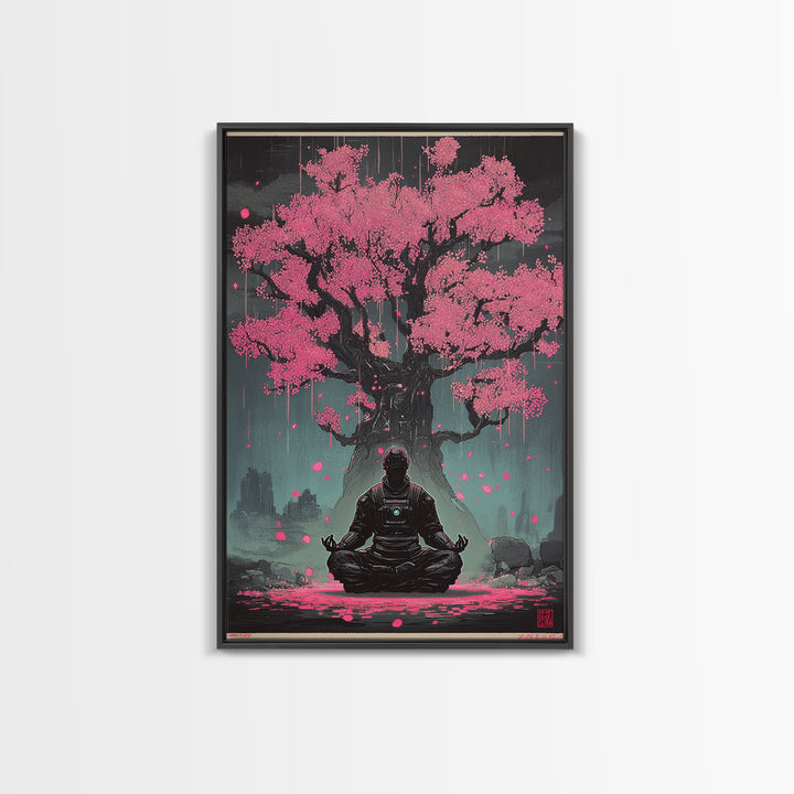 Astronaut Meditating Under Pink Cherry Tree Wall Art, Sci Fi Zen Decor, Dark Botanical Fantasy Framed Canvas Print Gift For Him