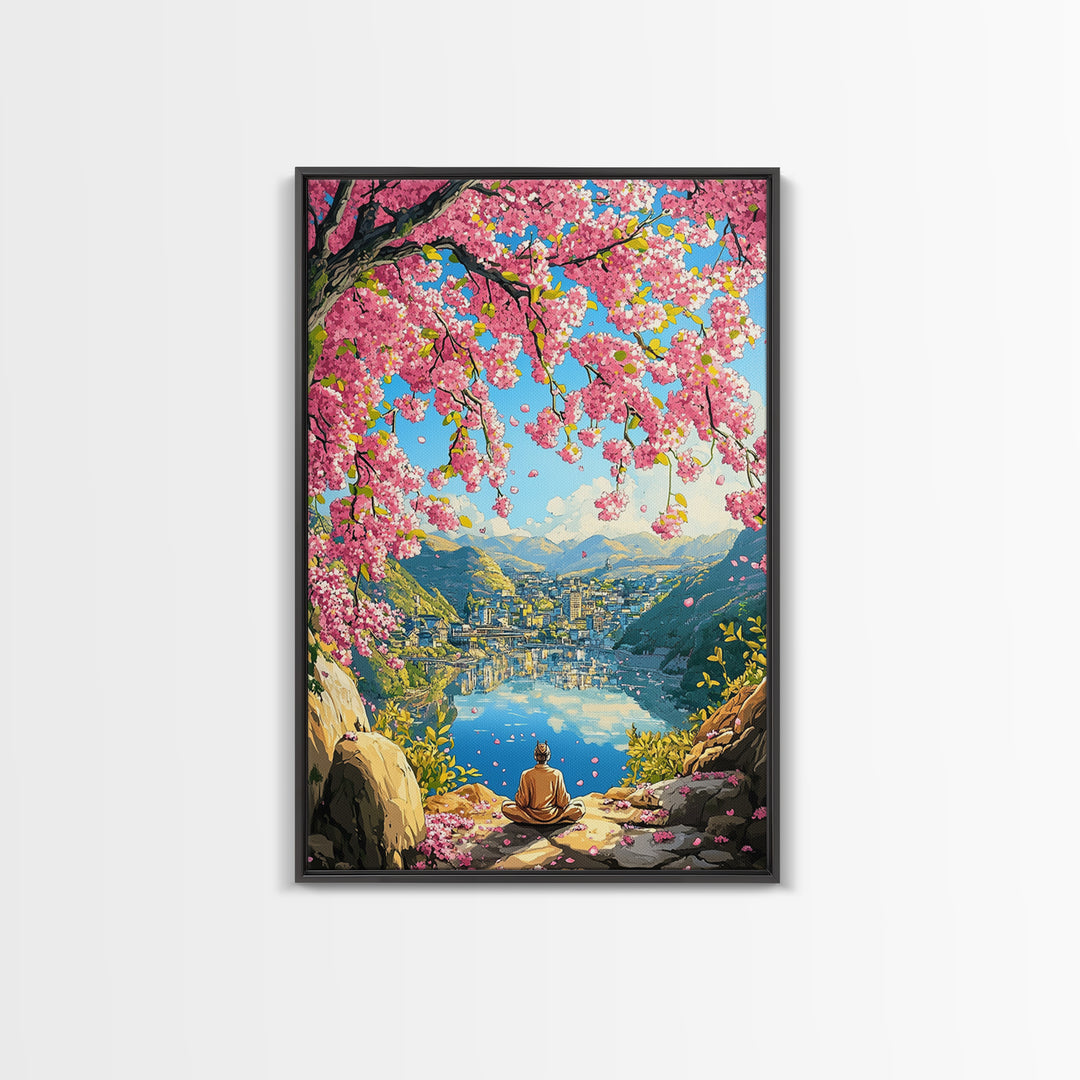 Cherry Blossom Lake Meditation Canvas Print, Japanese Mountain Wall Art, Spring Nature Decor, Peaceful Zen Gift For Her Idea