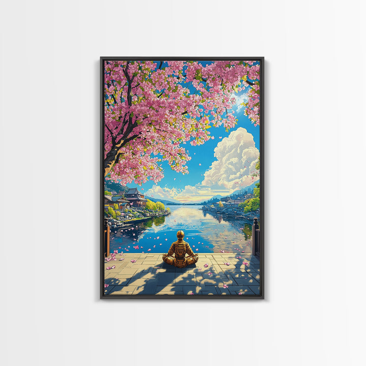 Meditating Samurai Under Pink Cherry Blossoms Wall Art, Japanese Landscape Canvas, Zen Decor, Living Room Art Print, Home Decor